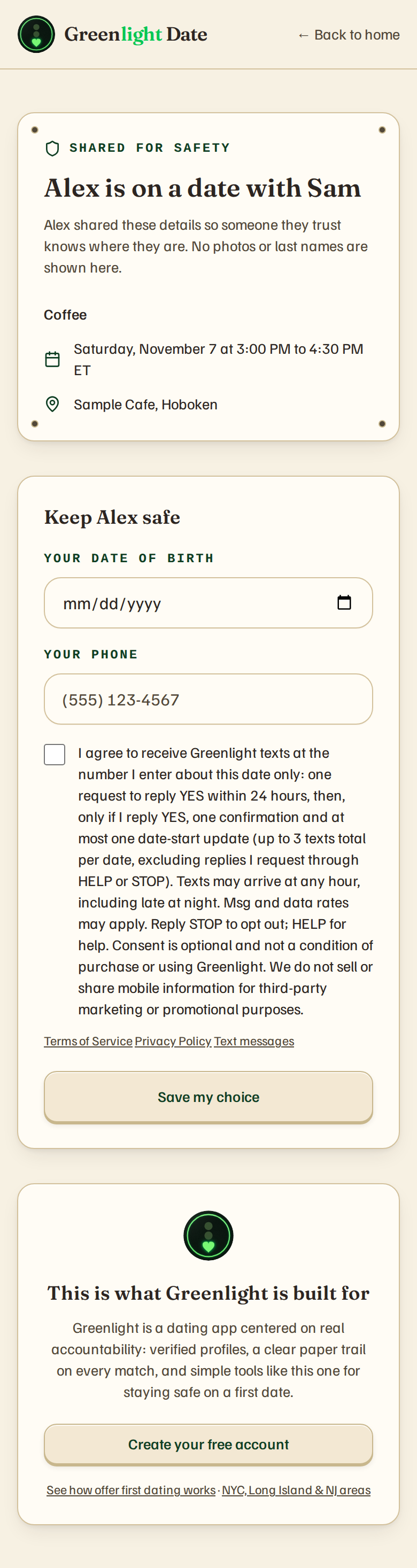 Friend share page with opt-in, mobile