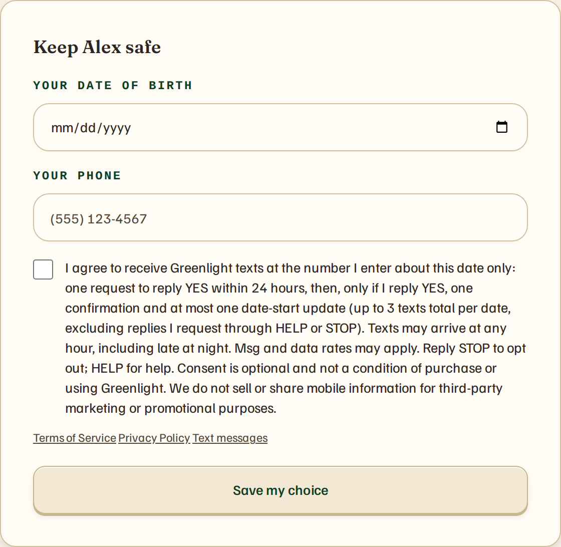 Friend opt-in form, desktop