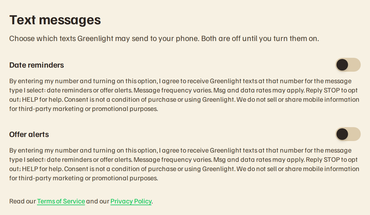 Member text message settings, desktop