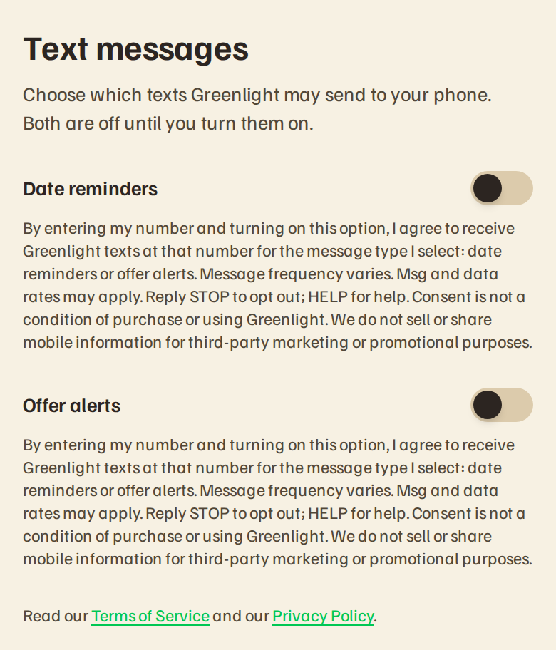 Member text message settings, mobile